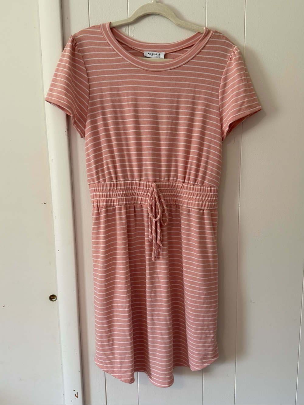 Gilli Pink and White Striped Short Sleeve Drawstring Waist Dress - Picture 5 of 8
